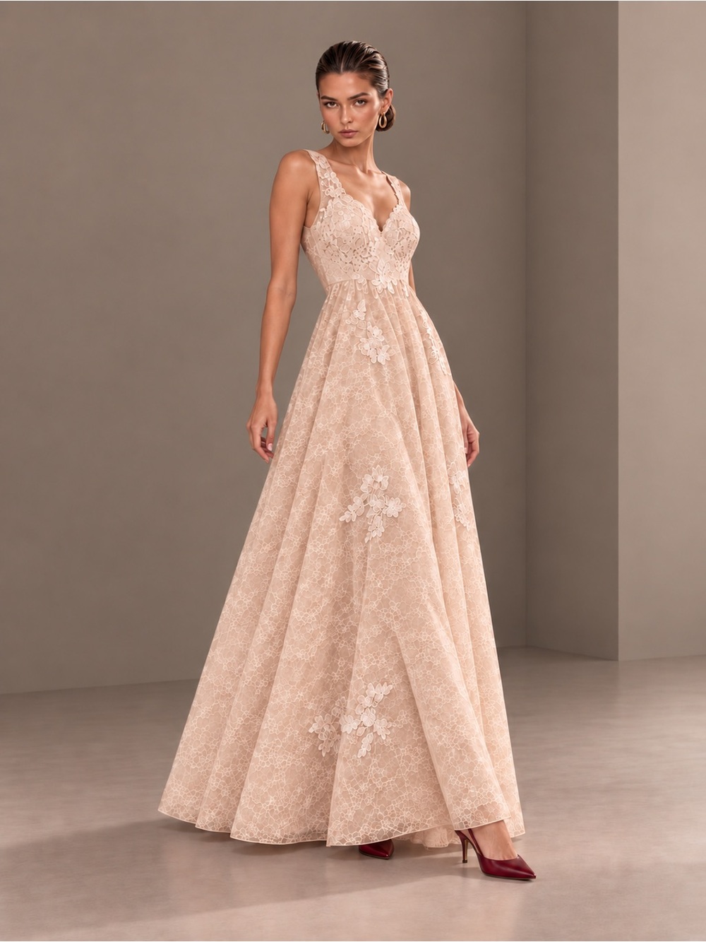Maniju Katielle Romantic Tulle Appliqué Open Back Gown Statement sheer Mesh L